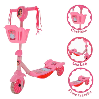 Patinete Infantil Masculino Feminino 03 Rodas Com Cestinha Removível E Luz LED Para Crianças
