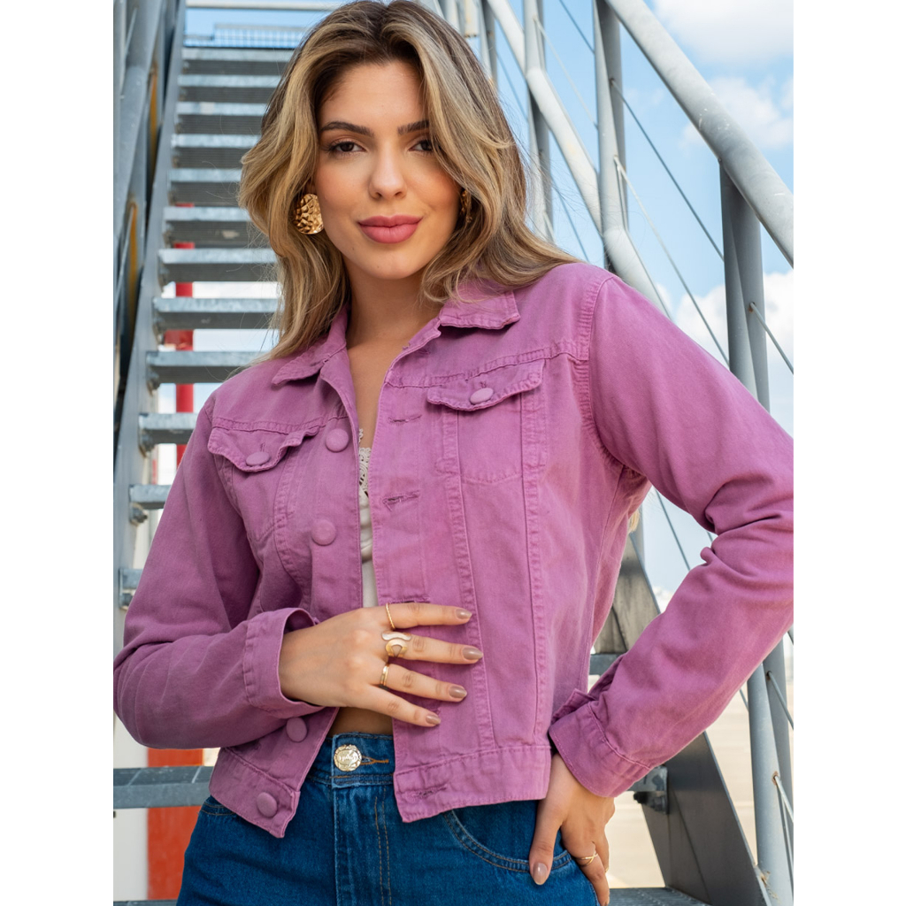 jaqueta jeans bege pink roxo simples Feminina com bolso Casacos