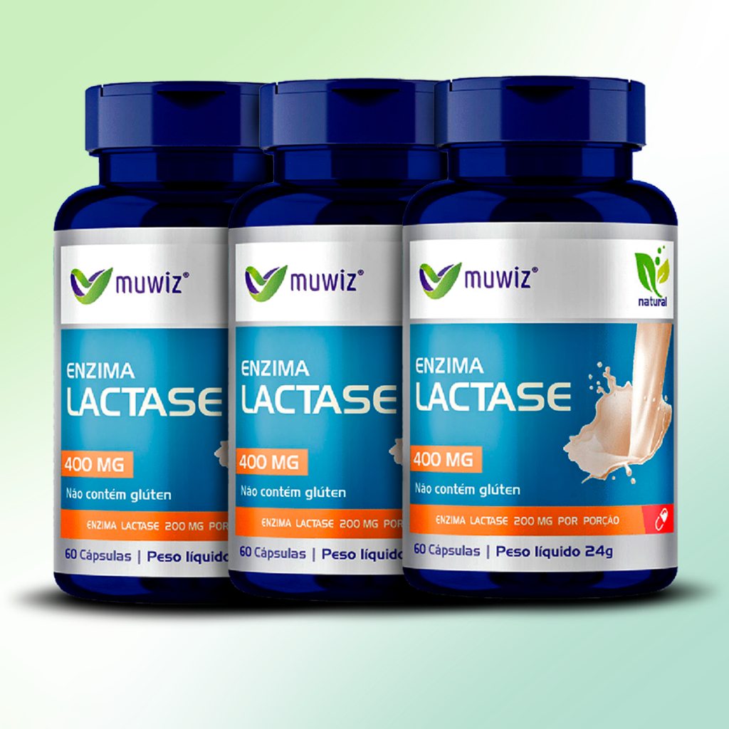 Kit com 3 potes Enzima Lactase Muwiz 60 Cápsulas 400mg (p/ Intolerância ...
