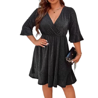 Vestido Feminino Festa em Lurex Manga Trompete Plus Size