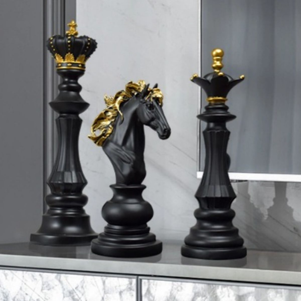 3 Peças De Xadrez Rei Rainha Cavalo Enfeite Decorativo Luxo