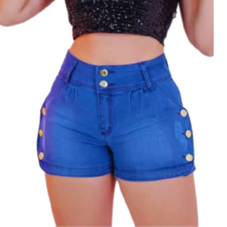 Short Jeans Feminino Azul Claro Cintura Alta-shorts Com 8 Botões Para valorizar Suas Curvas