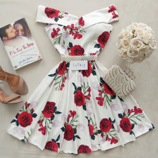 Vestido Curto Ombro A Ombro Creme com Rosas Vermelhas