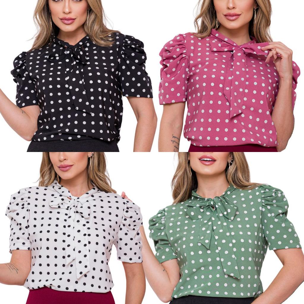 pois ポワ blouse tee ピンク Blusa Camisa Evangélica Social Bolinha Poa Com Laço Princesa