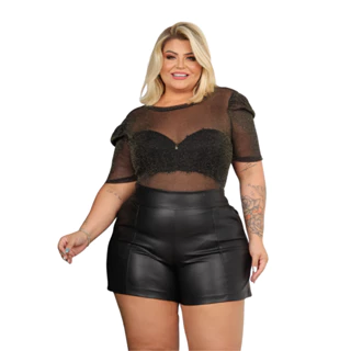 Blusa Body Tule Brilho Plus Size Lurex Body Transparente Brilhoso Curve