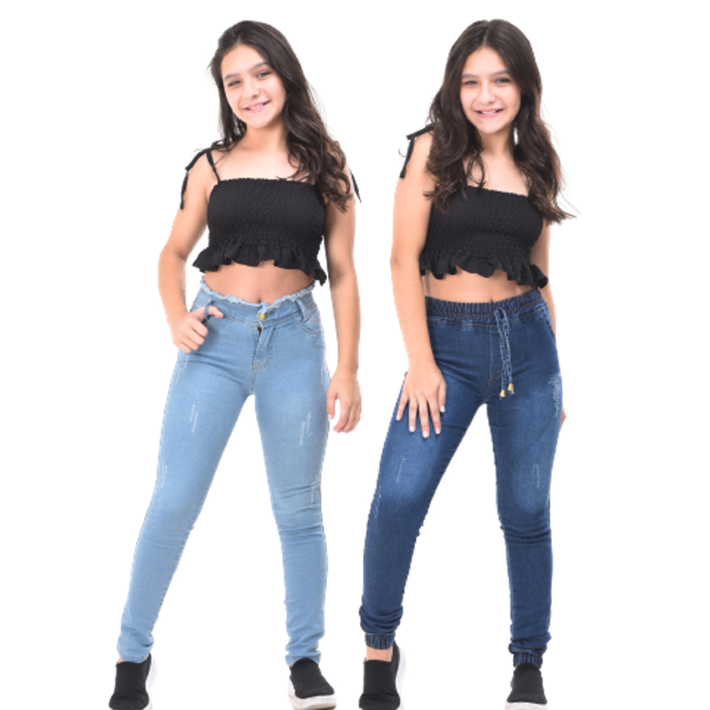 Kit calça jeans feminina + jogger infantil juvenil skinny menina 10 ao 16