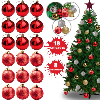 Kit 18 Bolas De Natal Grande 8 cm Vermelha Dourada Prateada Lisa Com Glitter Enfeite Decoração Pendente Pendurar Árvore Casa