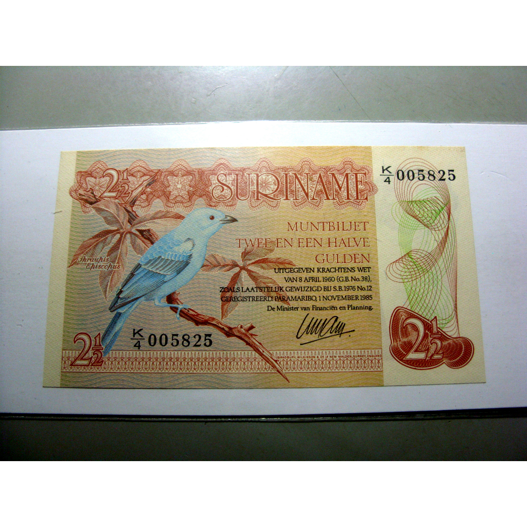 Linda Cédula Suriname 2 1/2 Gulden 1985 Pássaro Azul, Autentica