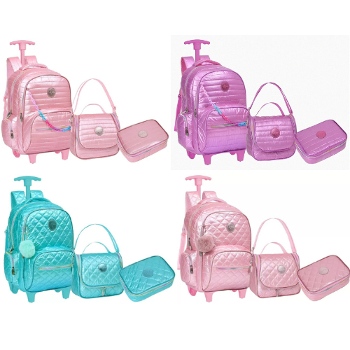 Mochila de Rodinha Menina Infantil Escolar Feminina Kit Com Lancheira Térmica e Estojo