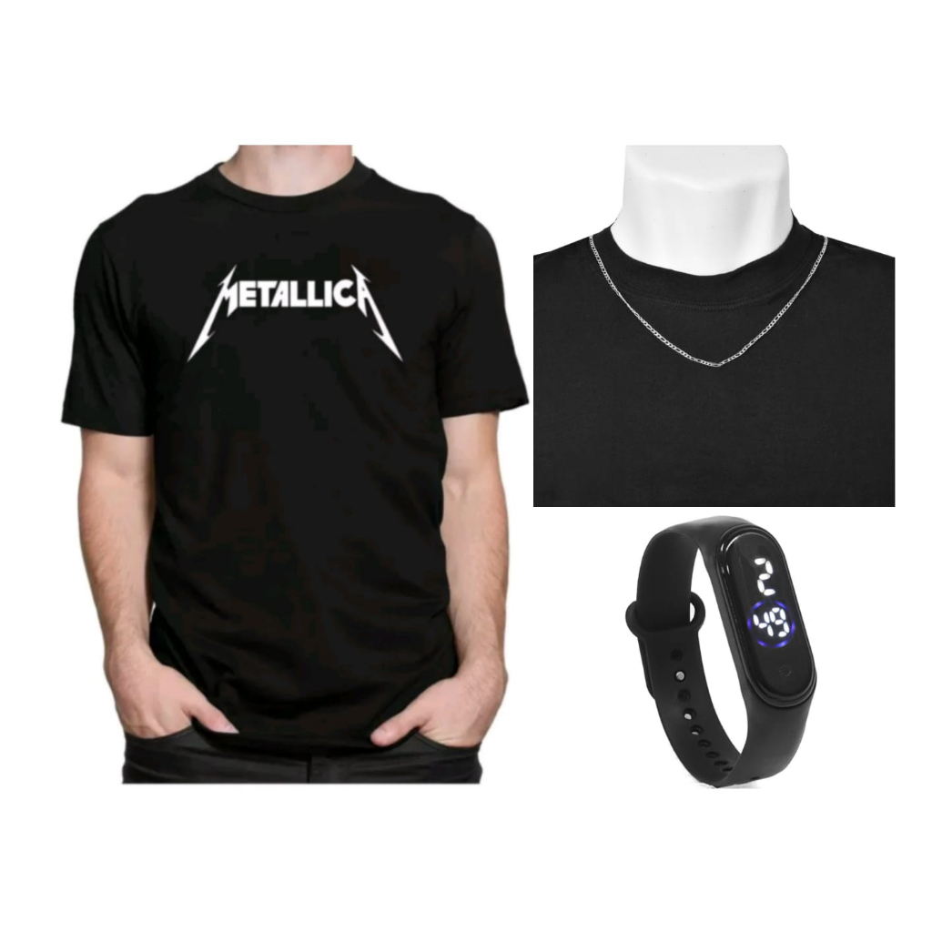 Kit Camiseta Metallica Banda Rock Metal + Corrente Aço Inox + Relógio Digital