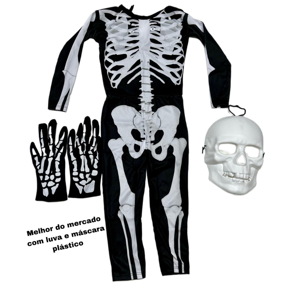FANTASIA ESQUELETO MENINO HALLOWEEN DIA DAS BRUXAS COM MASCARA PLASTICO E LUVA.
