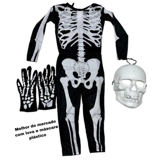 FANTASIA ESQUELETO MENINO HALLOWEEN DIA DAS BRUXAS COM MASCARA PLASTICO E LUVA.