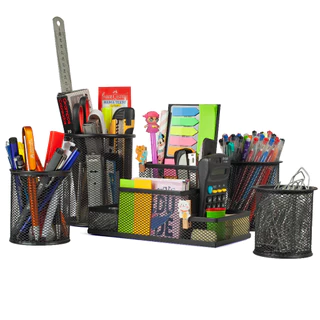 Kit 5 Organizador Porta Caneta Treco de Mesa Redondo Quadrado 4 Divisórias Metal Aramado Industrial para Escritório Home Office Multiuso