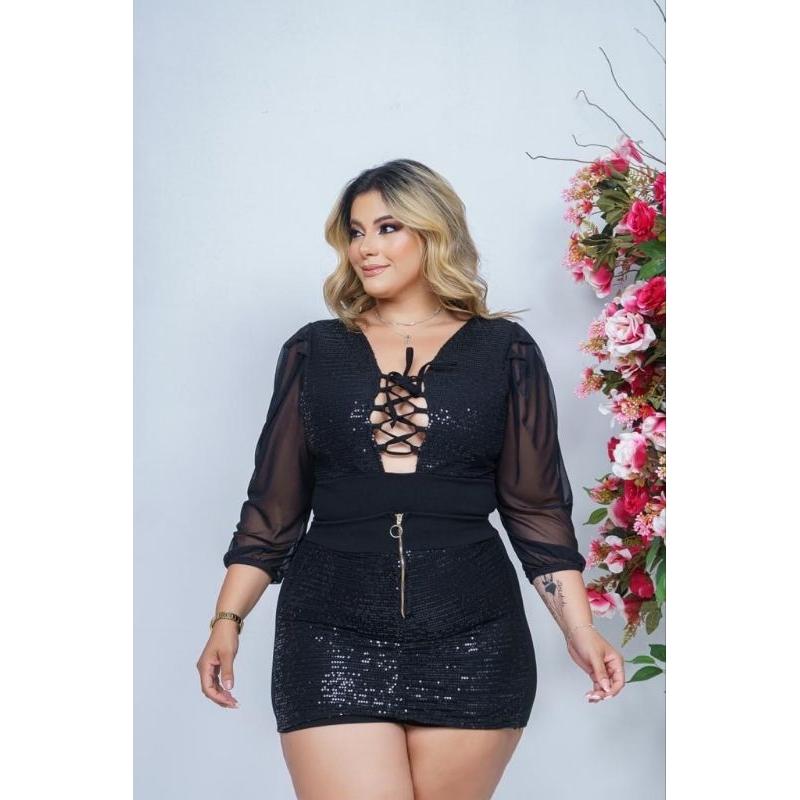 REF:10 CONJUNTO CROPED E SHORT SAIA MODA PLUS SIZE e MIDI PLUS FEMININA