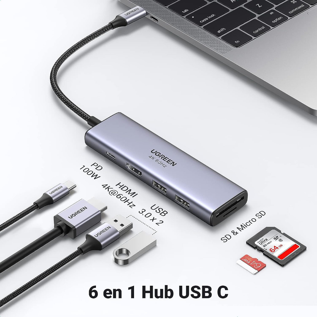 Adaptador UGREEN Hub USB C ( 6 em 1 ) Thunderbolt 3/4 - HDMI 4K 60Hz - Tipo C PD 100W Carregamento - USB 3.0 2 portas - leitor de cartão SD TF - compatível Macbook Air Pro M1 M2 Max iPad Galaxy Dex Tab S23 S23+ S23 Ultra S22 S21 DELL XPS ASUS ZenBook