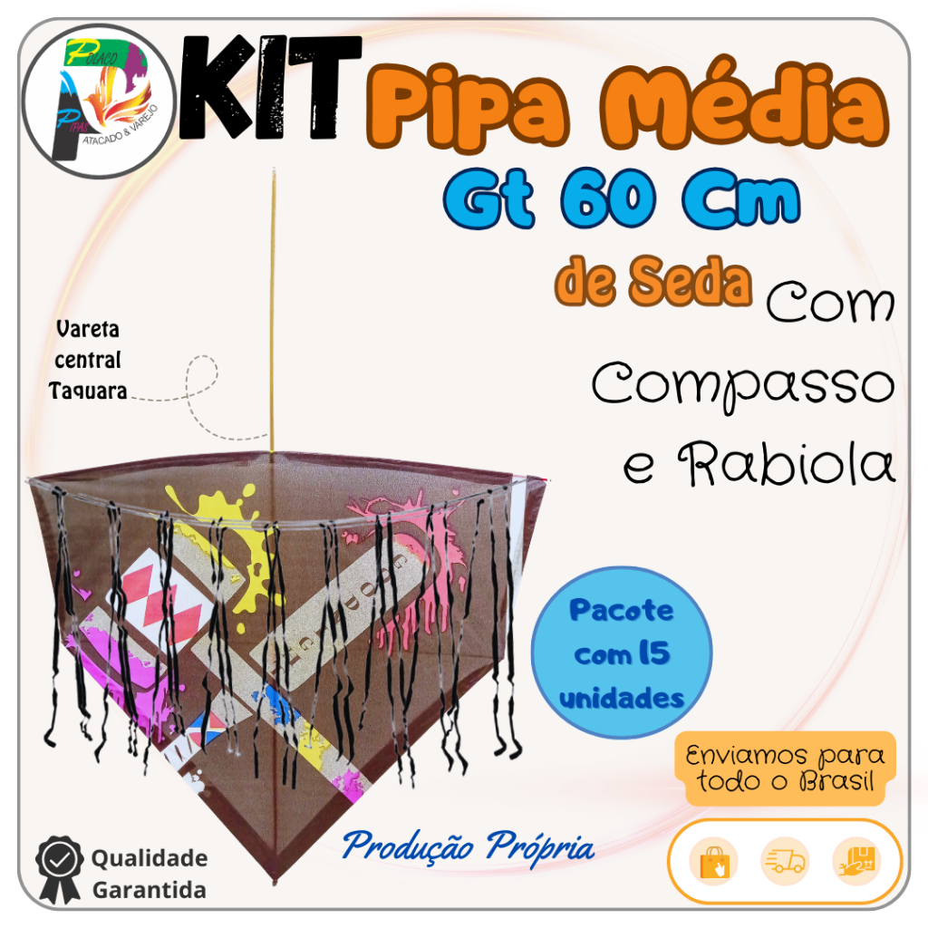 Kit Pipa Gt 60 Cm Seda Com Compasso E Rabiola - 15 Unidades | Shopee Brasil