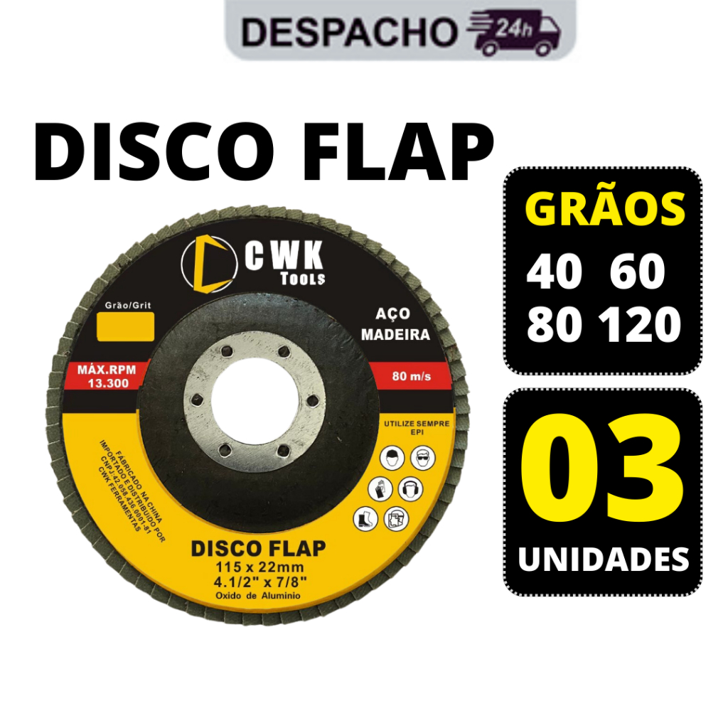 Kit 03 Disco Flap 4.1/2 Grão 40 - 60 - 80 - 120 - Flap Disc Lixa Para Madeira e Ferro