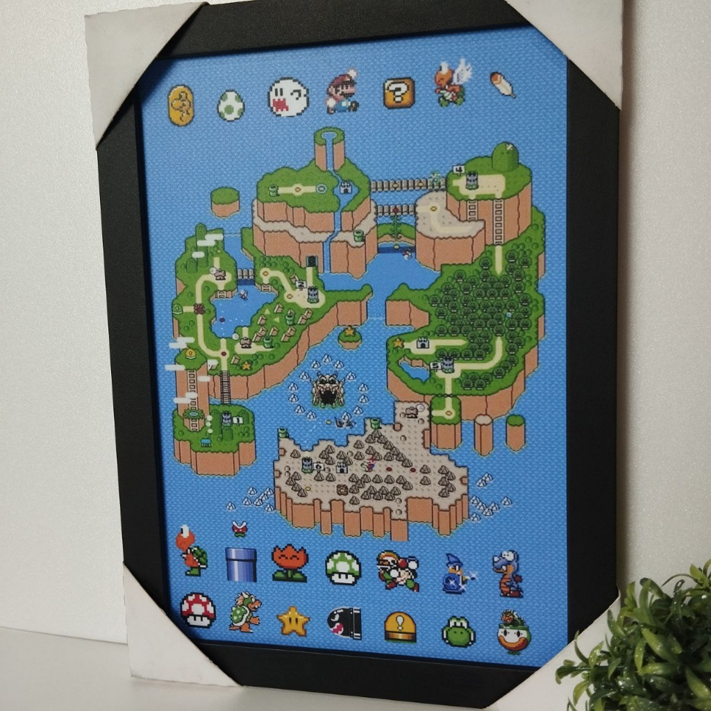 Quadro Decorativo com Moldura Mapa Super Mario World Nintendo Poster Gamer