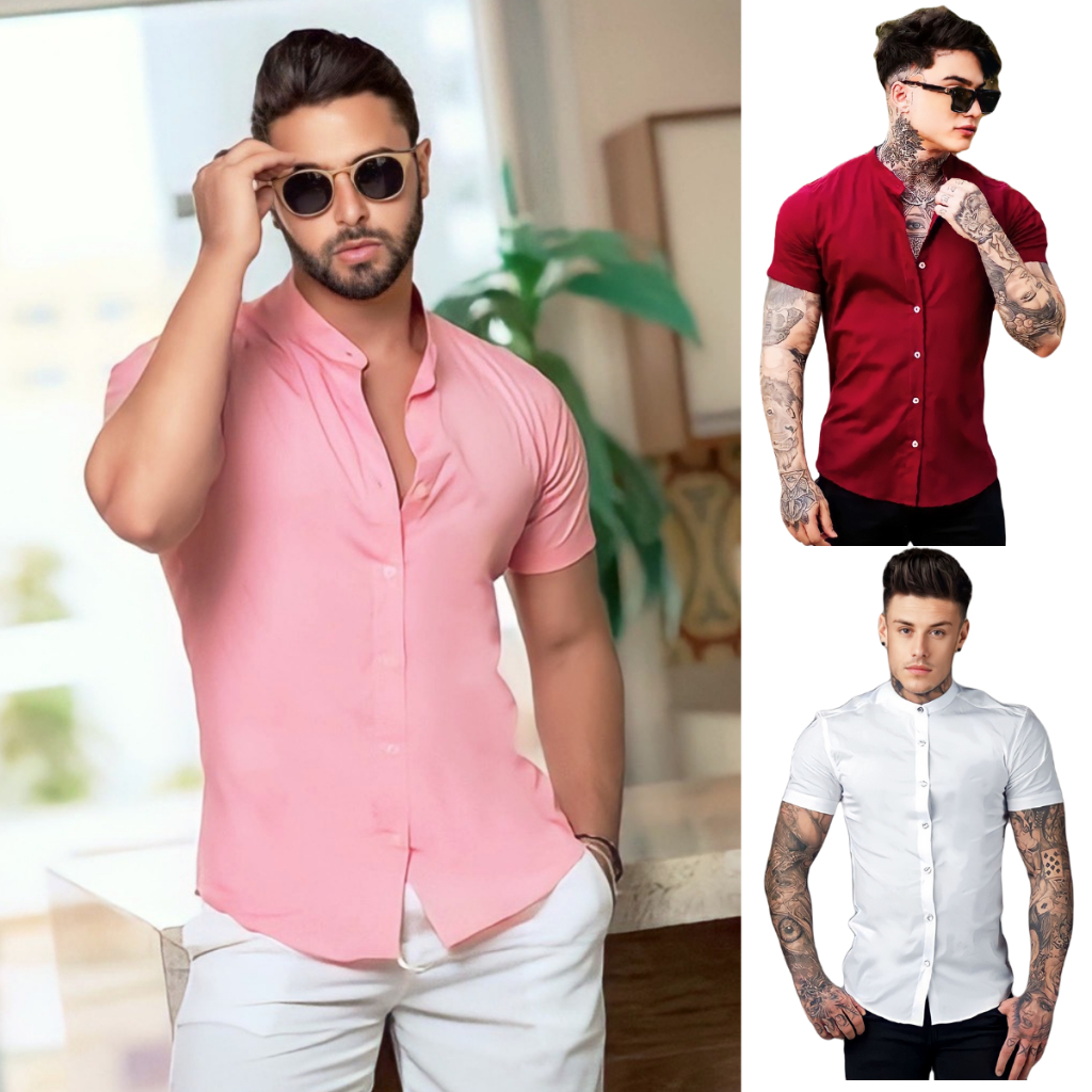 Camisa Social Masculina Gola Padre Linho Premium Moda Luxo