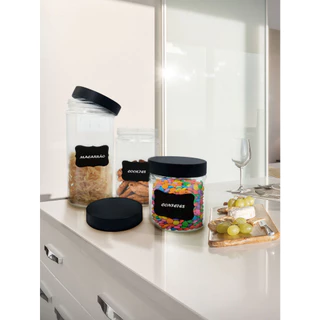 Conjunto 3 Potes Vidro com Tampa de Rosca e Adesivo Lousa para Escrever Organizador de Alimentos Utensilios de Cozinha Presente Brinde
