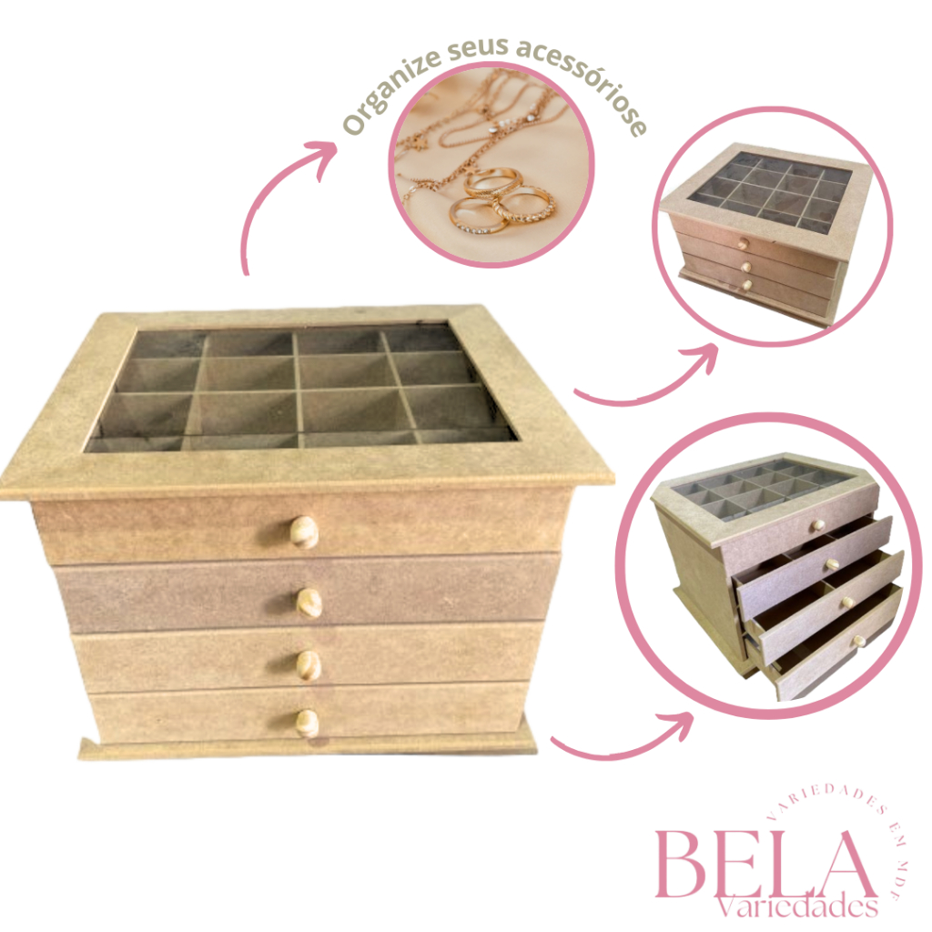Porta joias e bijuterias modelo comoda 4 gavetas mdf