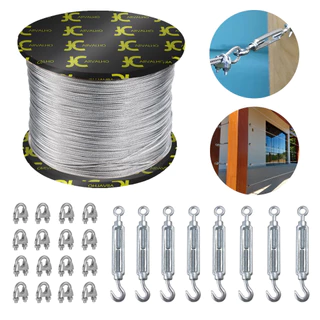 Kit 40m Cabo de Aço Para guarda corpo parapeito revestido PVC 1/8 4,8mm 6x7 + 8 Clips 16 Esticadores