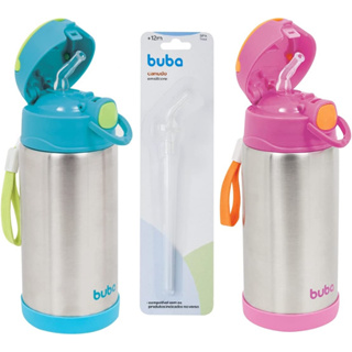 Garrafa Térmica Parede Dupla, Buba, Rosa, Azul, Canudo 400 ml