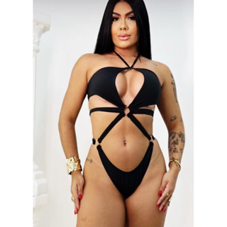 Body/maiô cavado com decote, sexy e argolas, preto e branco no verão 2023 sexy com bojo fio dental e amarrações