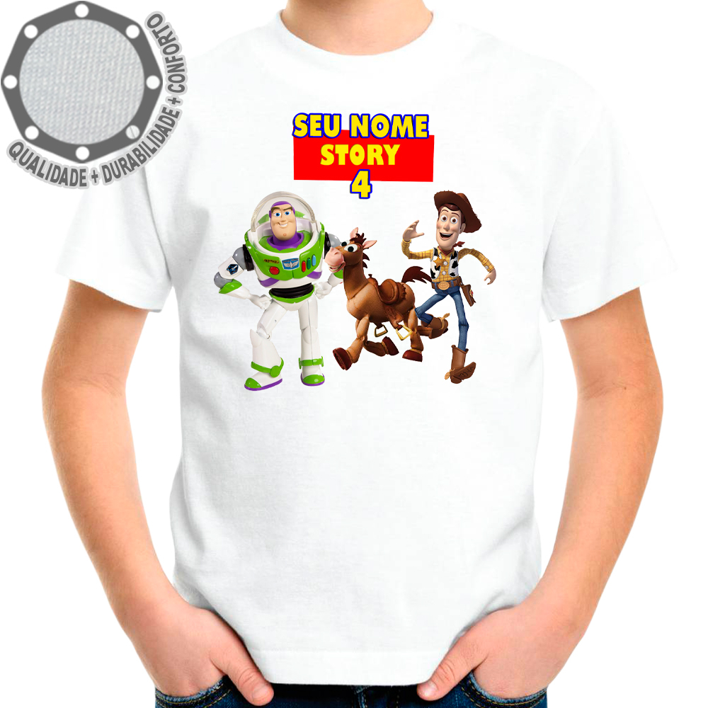 Camiseta Toy Story Buzz Bala no Alvo Woody Camisa Personalizada Infantil Juvenil Adulto Baby Look Plus Size Algodao com Poliester