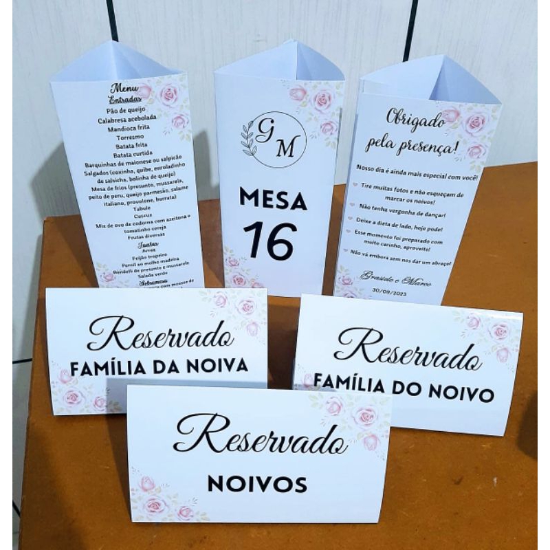 Kit 18 Menu/Agradecimento Triângulo+3 placas Reservado para Casamento ...