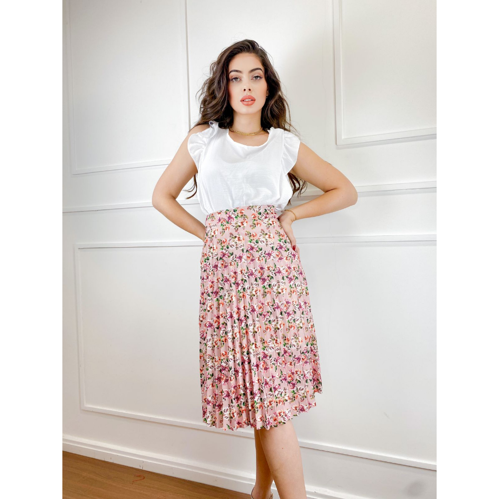 Saia longa feminina plissada estampada sale floral blogueiras