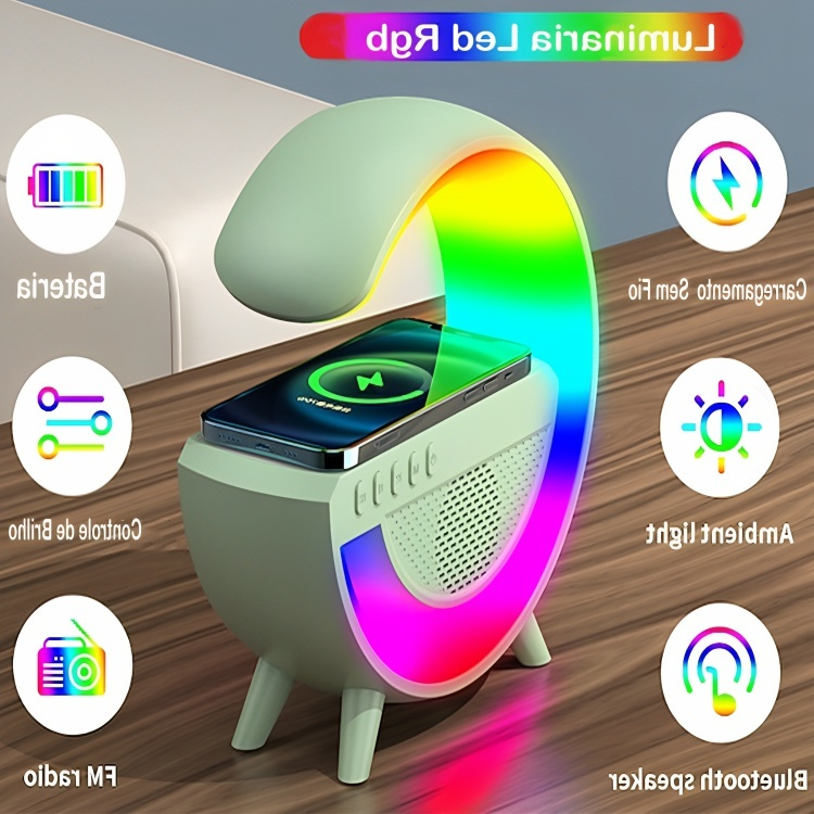 Caixa De Som Led Luminária Bluetooth Alto-Falante Carregador Sem Fio Lâmpada De Mesa RGB Alarme Relógio