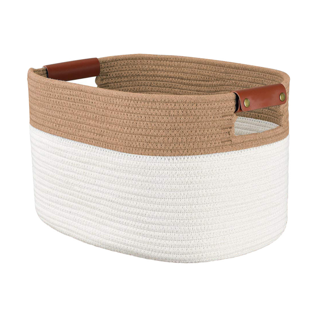 Cesto Organizador Corda Algodão 100% Natural com alças em couro sintético - Marrom e Offwhite - 38cm