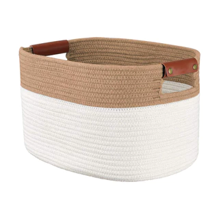 Cesto Organizador Corda Algodão 100% Natural com alças em couro sintético - Marrom e Offwhite - 38cm