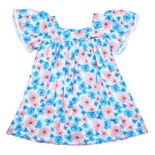 Vestido Infantil Verão em Viscose Com Pom Pom Azul E Rosa