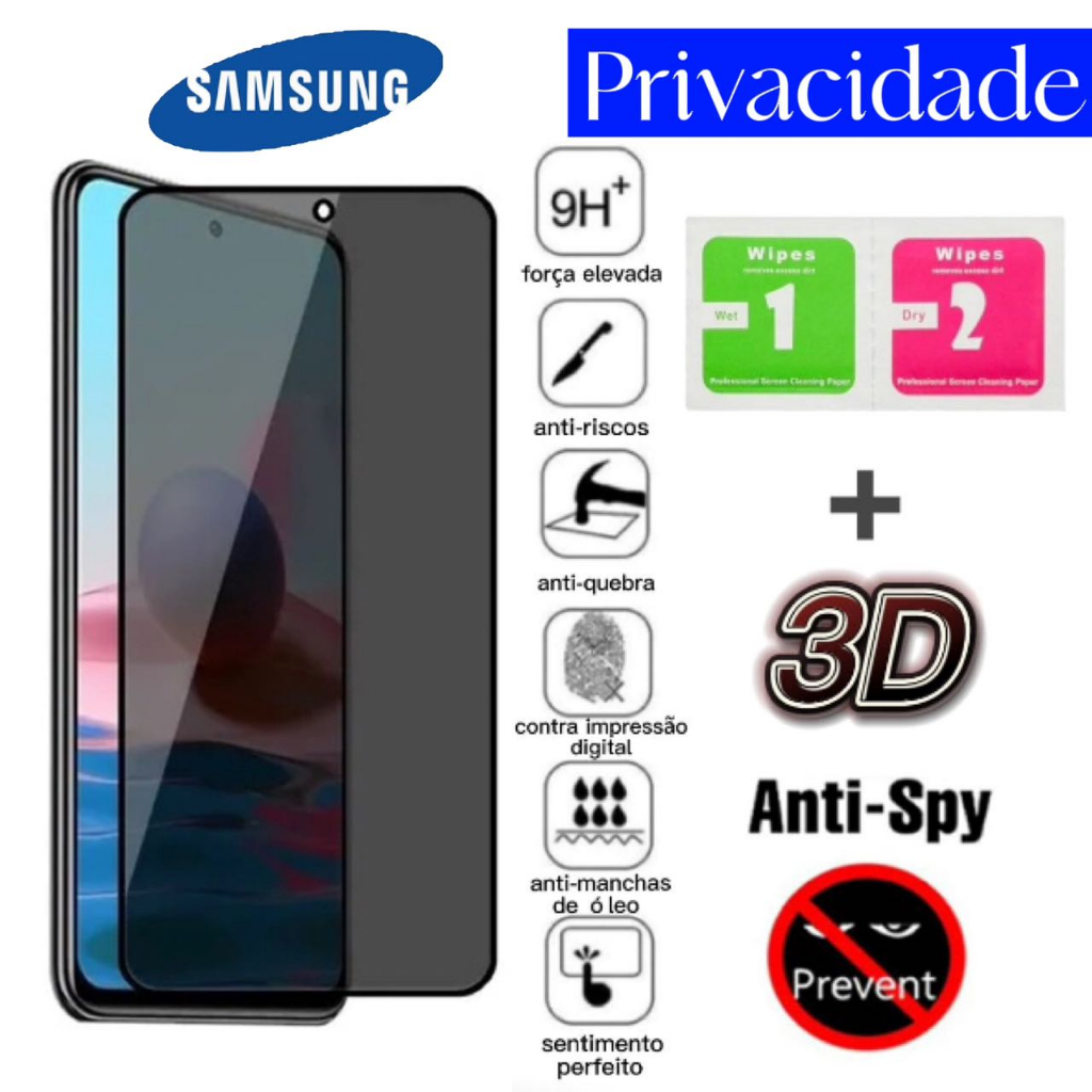 Película 3D Vidro Temperado Privacidade Anti Spy Para Samsung A01 A02 A02S A11 A12 A20S A24 A30S A32 A34 A52 A54 A71 A72