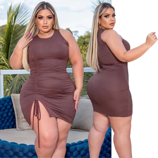 Vestido Plus Size Curto Tubinho Curve Franzido Alcinha Moda Gringa Com Fenda Regata Varias Cores