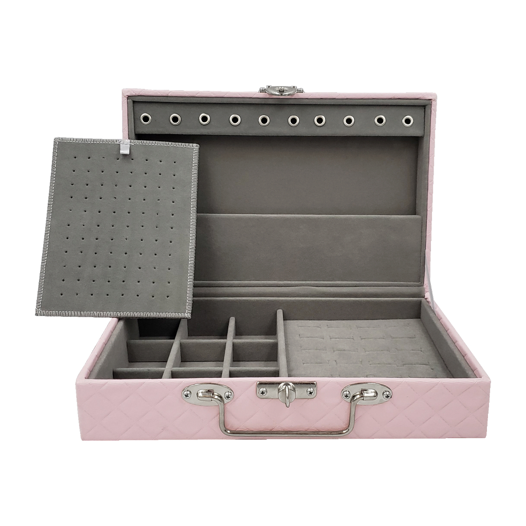 Estojo Porta Joias Misto Médio Rosa Com Interno Aveludado Cinza