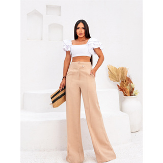 DAFA MODA Calça Feminina Pantalona, Cintura Alta, Boca De Sino, Com Bolsos  Nas Laterais, Fecho De Botões, Elegante, Sofisticada, Premiun, Estilo  Bloguerinha, Wide Leg, Duna Elegante, Chique, Calça Social, Casual,  Despojada, Tendencia