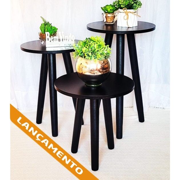 Trio Mesinhas Lateral Redondo Sala Pé Palito Decoração Preto fosco PP