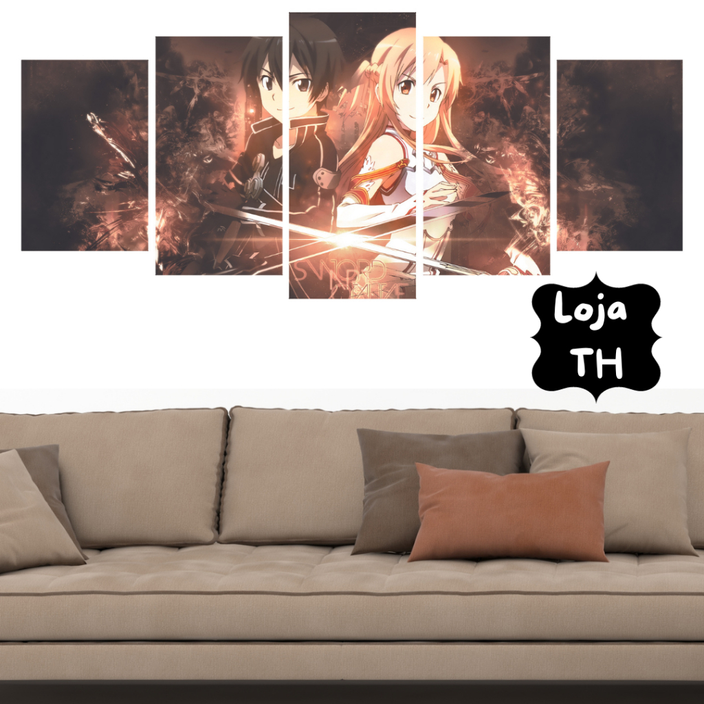 Quadros Decorativos Kit 5 Peças Mosaico Anime Sword Art Online Menino e Menina