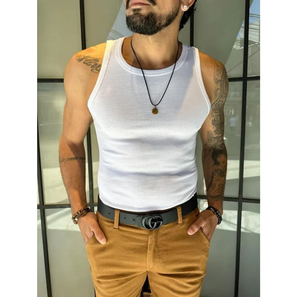 Regata Masculina Canelada Ribana Premium P ao GG Verão Básica