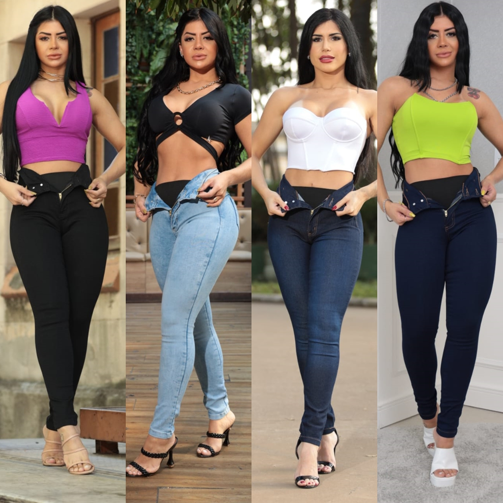 Calça Jeans Feminina Escura Arranhados Premium Modela Levanta Bumbum Cós  Cintura Alta Skinny com Elastano Lycra Envio Imediato