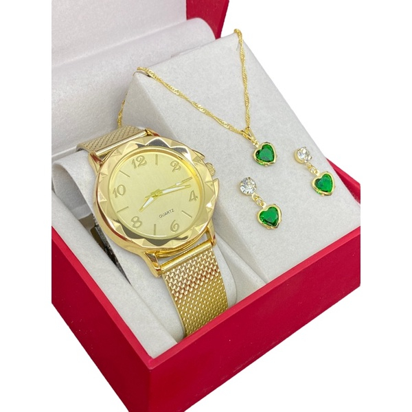 ⚡PROMOÇÃO⚡ Relógio Feminino + Kit Colar Brincos Folheados A Ouro 18k .