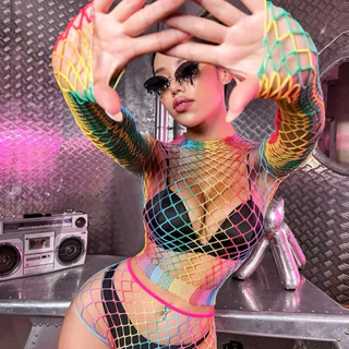 Conjunto Lingerie saída de praia 2 peças de fada sexy, xadrez colorido, meias de seda, uniforme, arco-íris manga longa