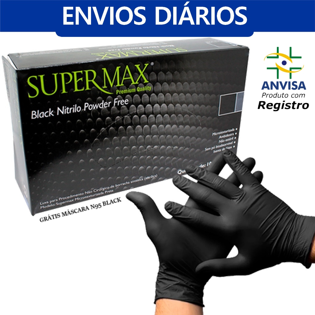 Luva Nitrílica s/ Pó Preta Black 100 UNID Supermax + GRÁTS Máscaras PFF2 black