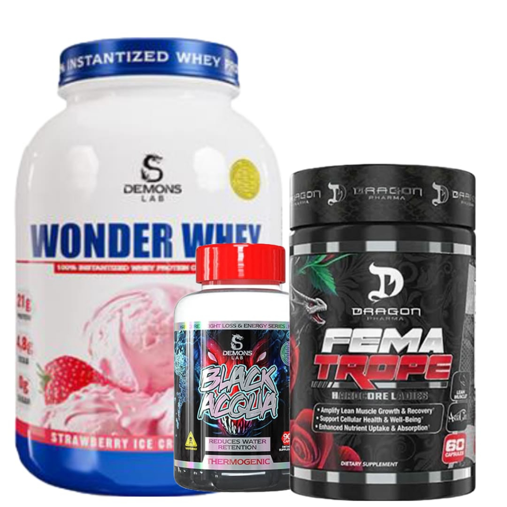 KIT DE SUPLEMENTOS WONDER WHEY 900G + TERMOGÊNICO BLACK ACQUA 60 CAPS DEMONS LAB + PRO HORMONAL FEMININO FEMATROPE 60 CAPS DRAGON PHARMA