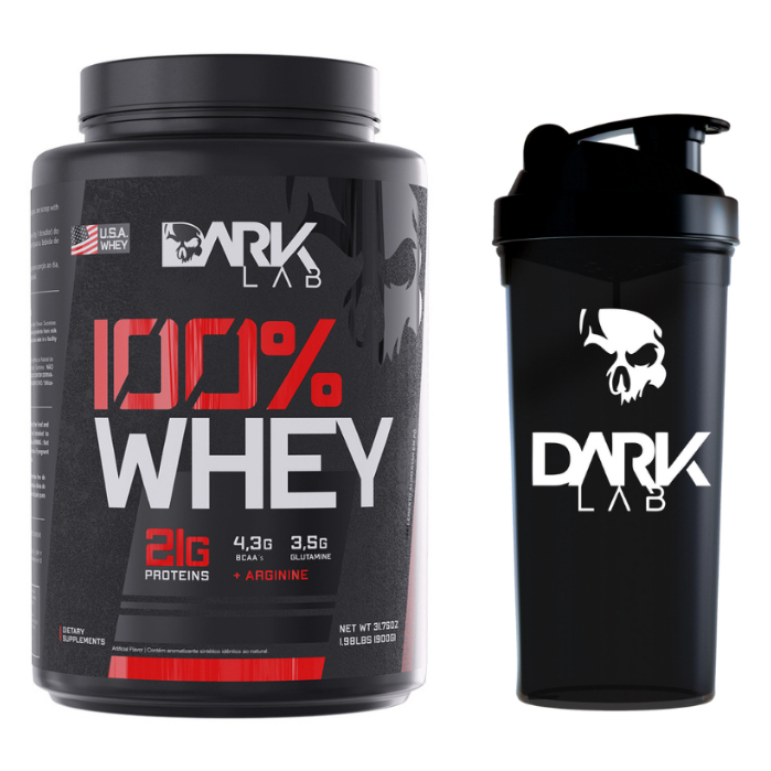 Kit 100% Whey Protein Concentrado Pote 900g + Coqueteleira 700ml Dark Lab – Proteina 100% Concentrada