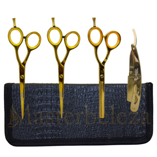Kit 3 Tesouras Fio Laser Desfiadeira Fio Navalha Barbeiro Profissional REK Dourada Reta