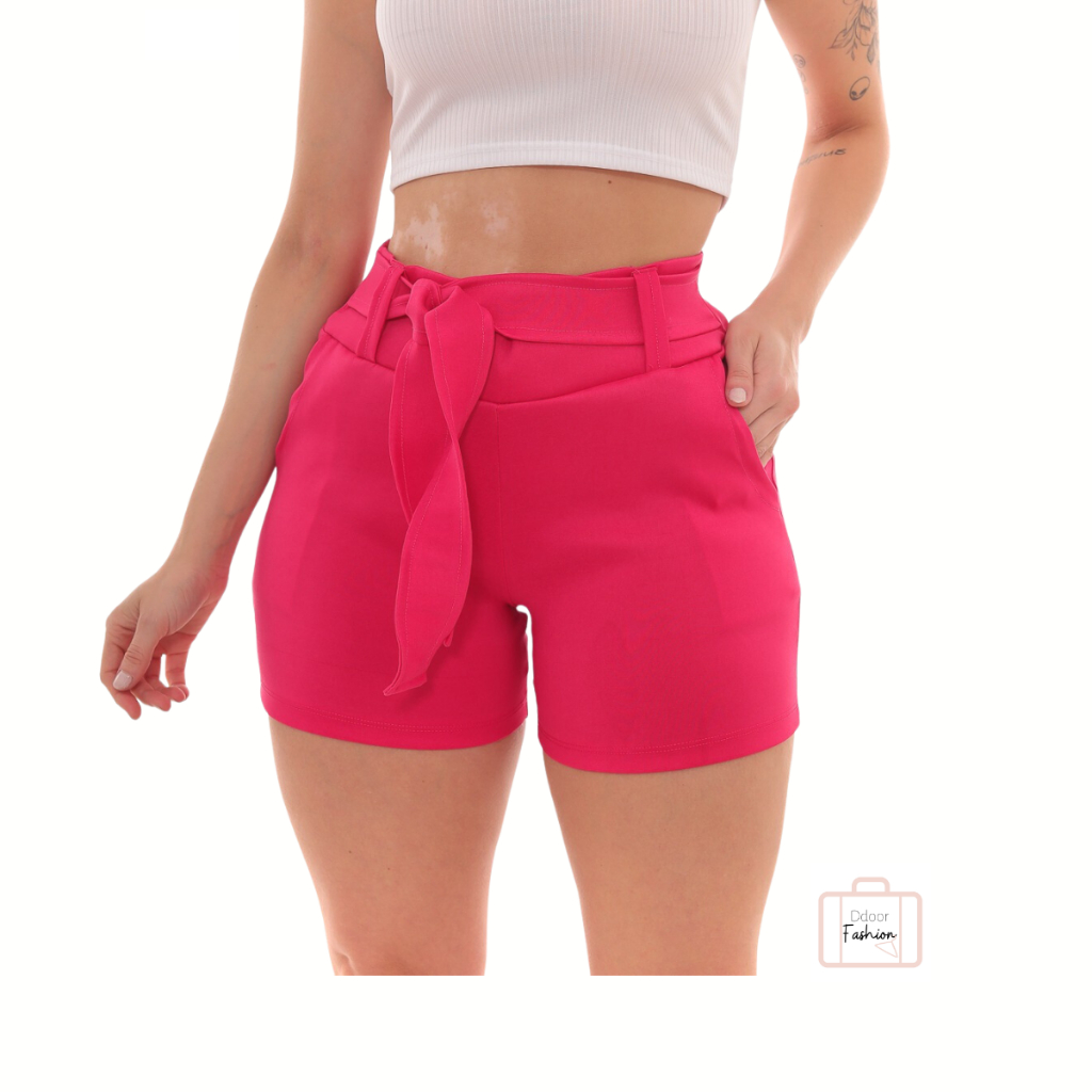 Shorts Feminino Social Laço Amarração 2 Bolsos Clochard Bengaline com Lycra